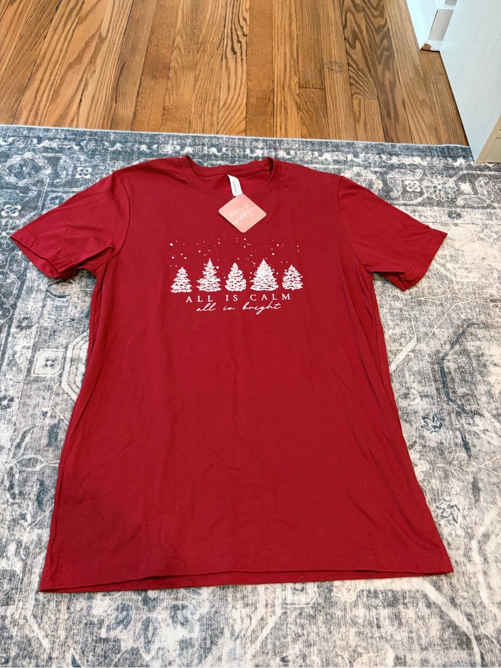 Unisex Bella Canvas Red Short-Sleeve 'All Is Calm' Holiday Tree Tee